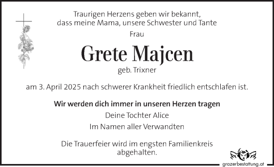 Traueranzeige von Grete Majcen von Kleine Zeitung