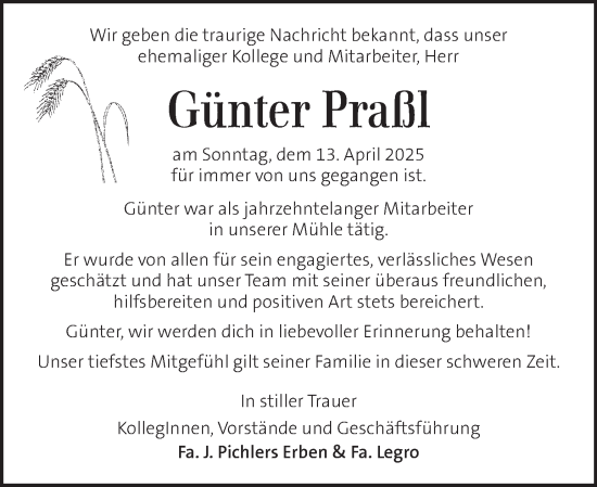 Traueranzeige von Günter Praßl von Kleine Zeitung
