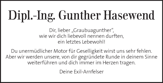 Traueranzeige von Gunther Hasewend von Kleine Zeitung
