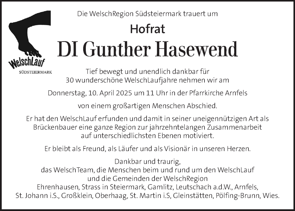  Traueranzeige für Gunther Hasewend vom 04.04.2025 aus Kleine Zeitung