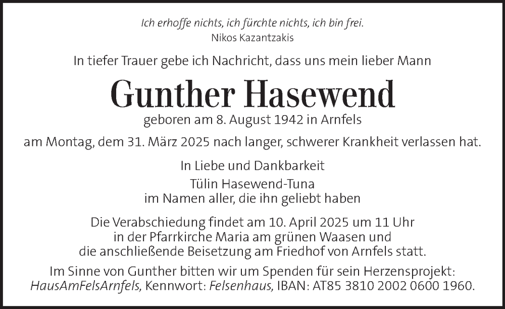  Traueranzeige für Gunther Hasewend vom 04.04.2025 aus Kleine Zeitung