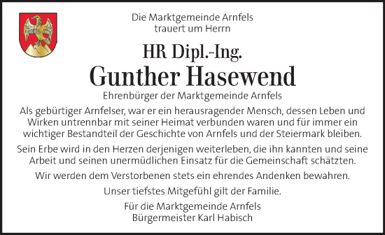 Traueranzeige von Gunther Hasewend von Kleine Zeitung