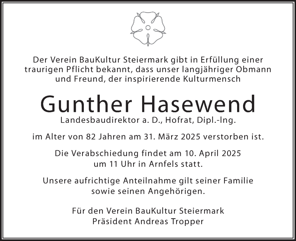  Traueranzeige für Gunther Hasewend vom 04.04.2025 aus Kleine Zeitung