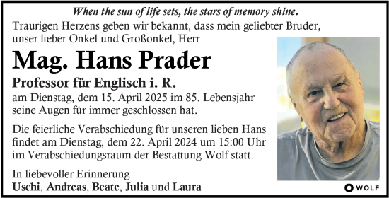 Traueranzeige von Hans Prader von Kleine Zeitung