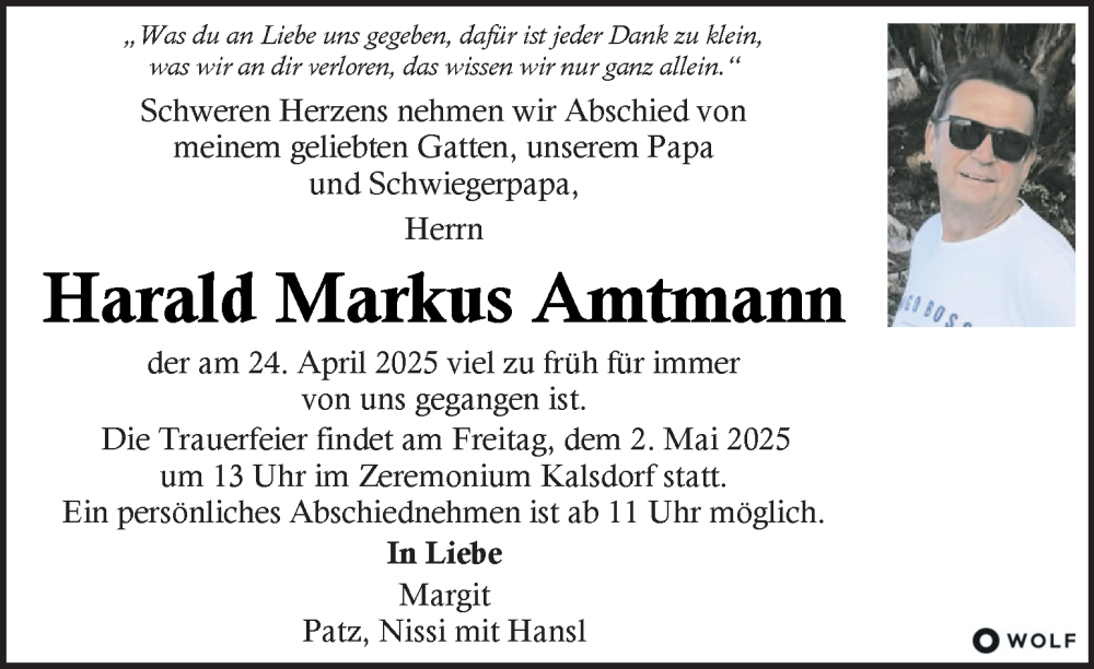  Traueranzeige für Harald Markus Amtmann vom 26.04.2025 aus Kleine Zeitung