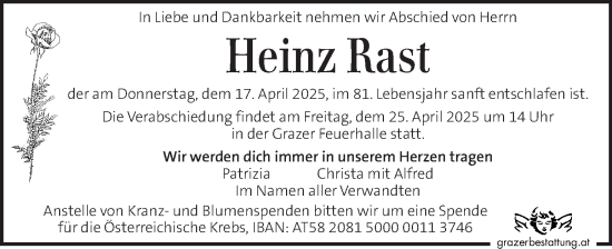 Traueranzeige von Heinz Rast von Kleine Zeitung