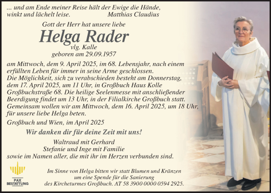 Traueranzeige von Helga Rader von Kleine Zeitung