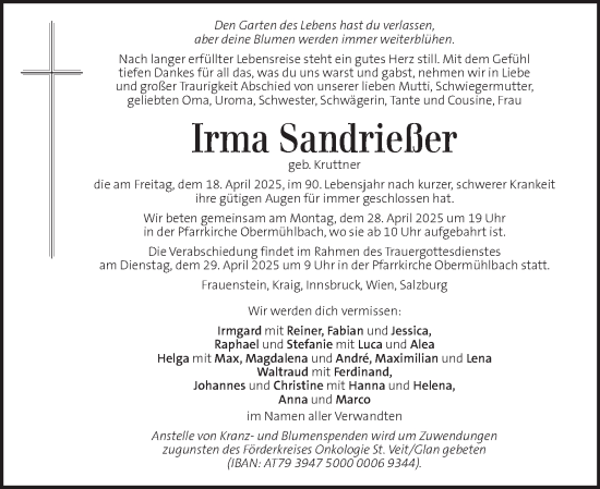 Traueranzeige von Irma Sandrießer von Kleine Zeitung