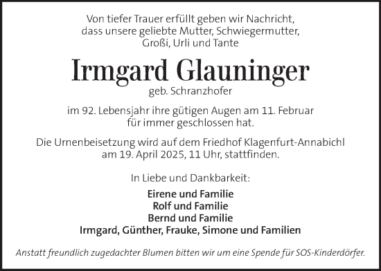 Traueranzeige von Irmgard Glauninger von Kleine Zeitung