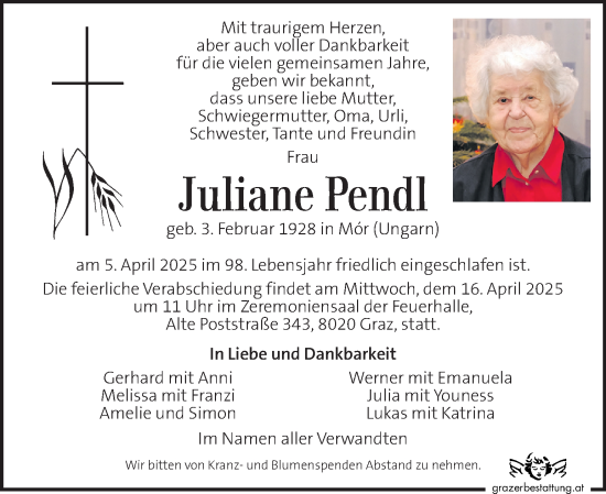 Traueranzeige von Juliane Pendl von Kleine Zeitung