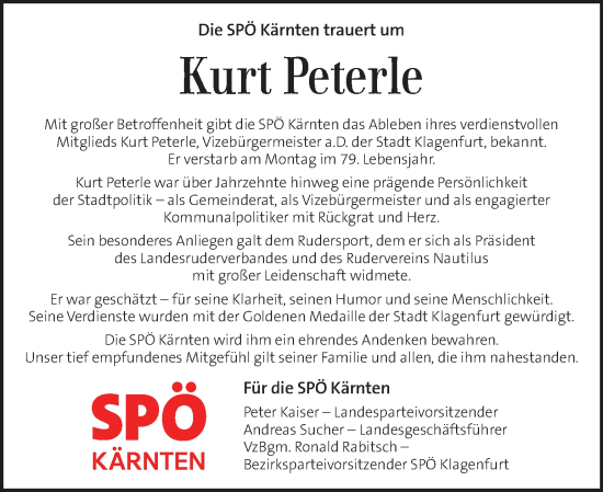 Traueranzeige von Kurt Peterle von Kleine Zeitung