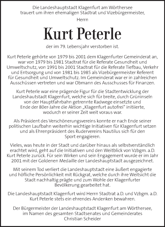 Traueranzeige von Kurt Peterle von Kleine Zeitung