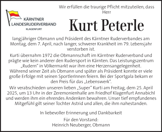 Traueranzeige von Kurt Peterle von Kleine Zeitung