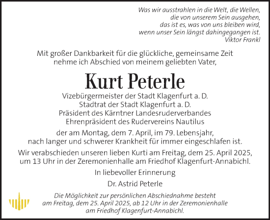 Traueranzeige von Kurt Peterle von Kleine Zeitung