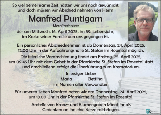 Traueranzeige von Manfred Puntigam von Kleine Zeitung