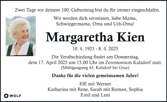 Traueranzeige von Margaretha Kien von Kleine Zeitung