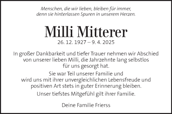 Traueranzeige von Milli Mitterer von Kleine Zeitung