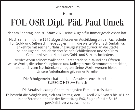 Traueranzeige von Paul Umek von Kleine Zeitung