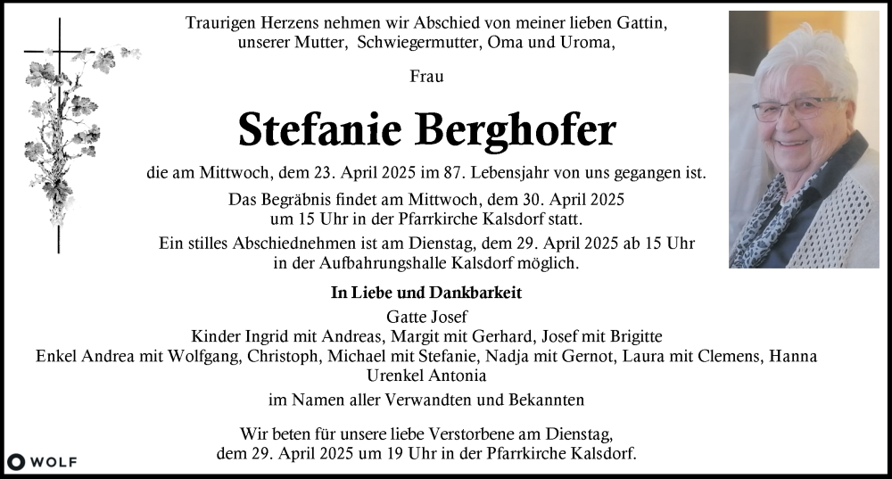  Traueranzeige für Stefanie Berghofer vom 25.04.2025 aus Kleine Zeitung