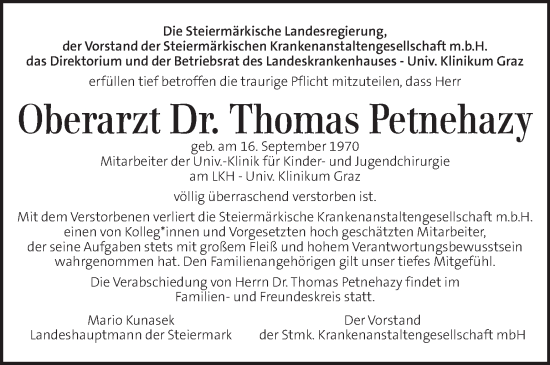 Traueranzeige von Thomas Petnehazy von Kleine Zeitung