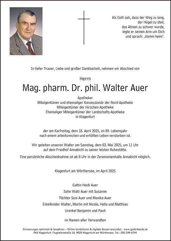 Traueranzeige von Walter Auer von Kleine Zeitung