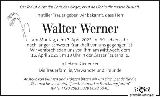 Traueranzeige von Walter Werner von Kleine Zeitung