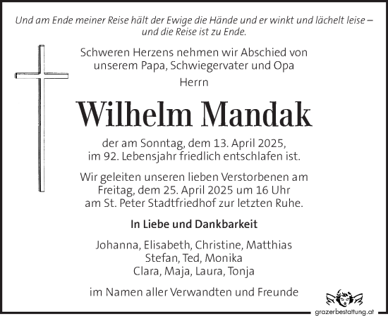 Traueranzeige von Wilhelm Mandak von Kleine Zeitung