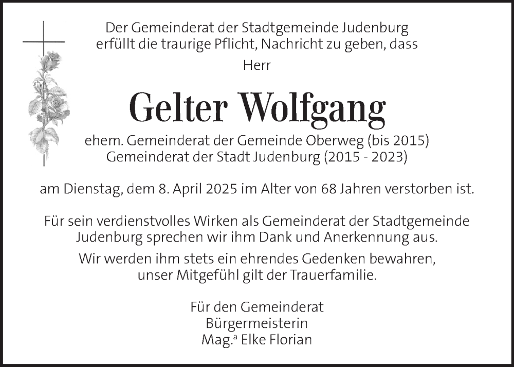  Traueranzeige für Wolfgang Gelter vom 17.04.2025 aus Kleine Zeitung