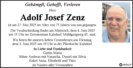 Traueranzeige von Adolf Josef Zenz von Kleine Zeitung