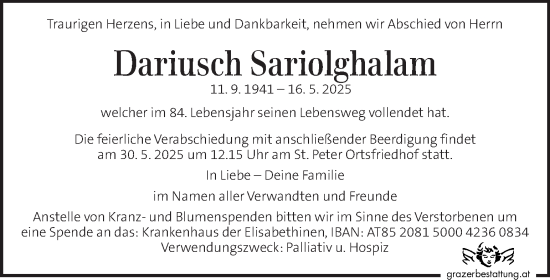 Traueranzeige von Dariusch Sariolghalam von Kleine Zeitung