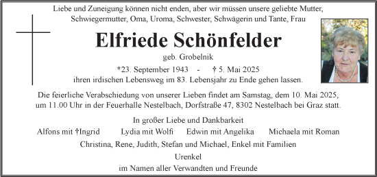 Traueranzeige von Elfriede Schönfelder von Kleine Zeitung
