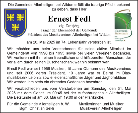 Traueranzeige von Ernest Fedl von Kleine Zeitung