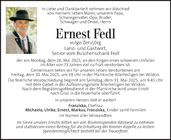 Traueranzeige von Ernest Fedl von Kleine Zeitung