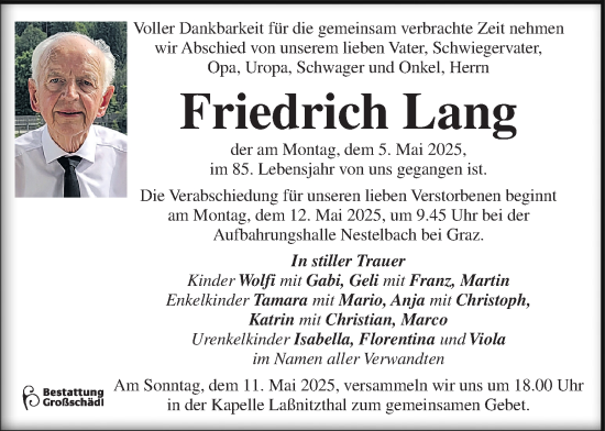 Traueranzeige von Friedrich Lang von Kleine Zeitung