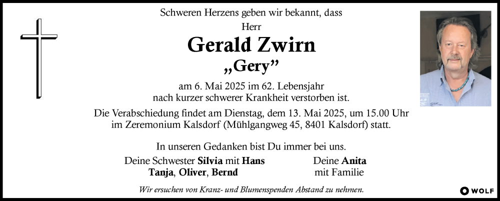  Traueranzeige für Gerald Zwirn vom 09.05.2025 aus Kleine Zeitung