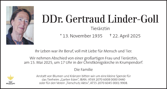 Traueranzeige von Gertraud Linder-Goll von Kleine Zeitung