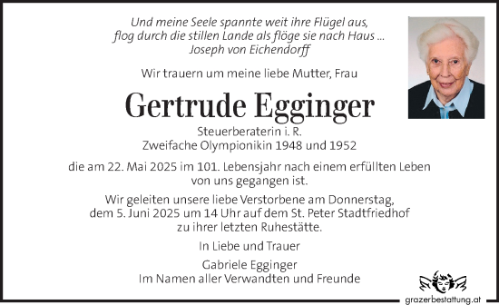 Traueranzeige von Gertrude Egginger von Kleine Zeitung