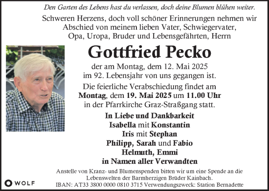 Traueranzeige von Gottfried Pecko von Kleine Zeitung