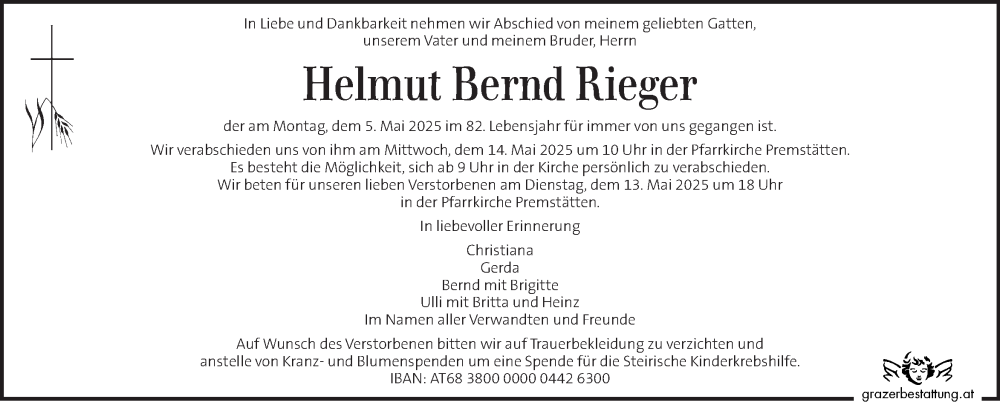  Traueranzeige für Helmut Bernd Rieger vom 10.05.2025 aus Kleine Zeitung