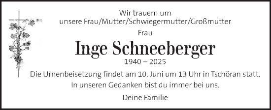 Traueranzeige von Inge Schneeberger von Kleine Zeitung