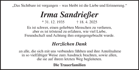 Traueranzeige von Irma Sandrießer von Kleine Zeitung