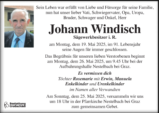 Traueranzeige von Johann Windisch von Kleine Zeitung