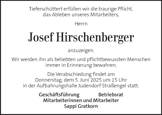 Traueranzeige von Josef Hirschenberger von Kleine Zeitung