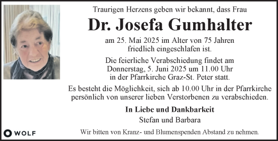 Traueranzeige von Josefa Gumhalter von Kleine Zeitung