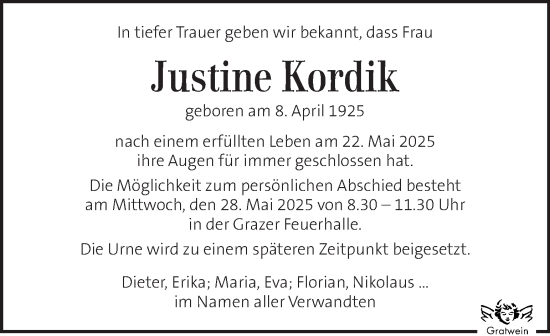 Traueranzeige von Justine Kordik von Kleine Zeitung