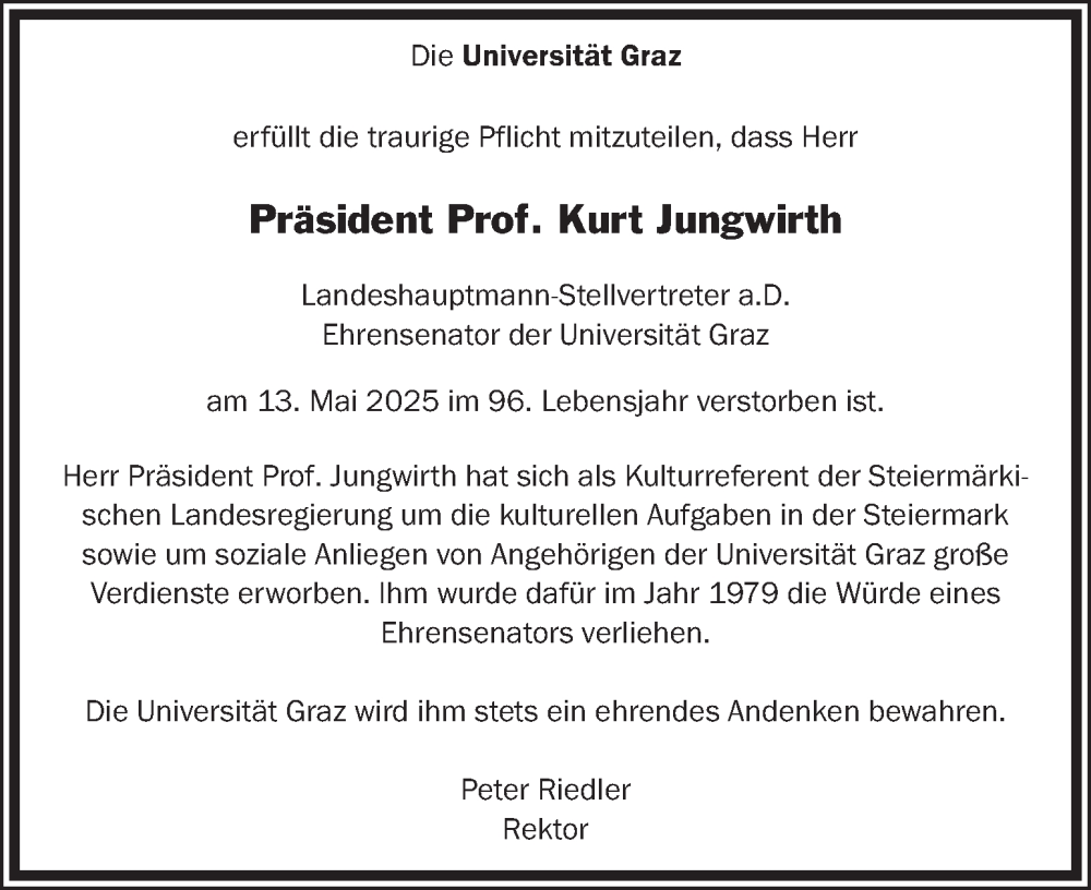  Traueranzeige für Kurt Jungwirth vom 21.05.2025 aus Kleine Zeitung