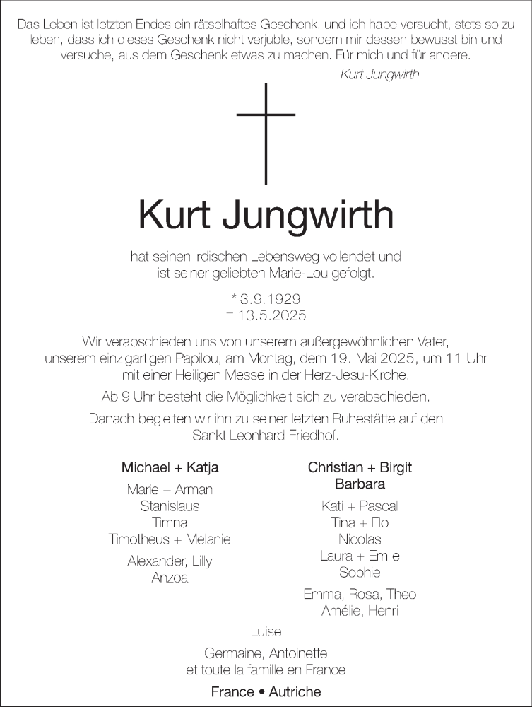  Traueranzeige für Kurt Jungwirth vom 15.05.2025 aus Kleine Zeitung