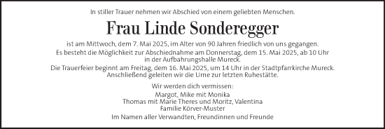 Traueranzeige von Linde Sonderegger von Kleine Zeitung