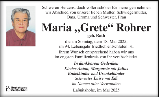 Traueranzeige von Maria  Rohrer von Kleine Zeitung