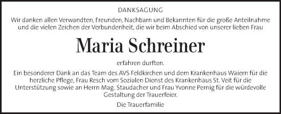 Traueranzeige von Maria Schreiner von Kleine Zeitung